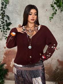 Whyspr Grunge Punk Cottage Plus Size Women Cable Knit Cardigan Sweater With Embroidered Cuffs, Autumn/Winter - Brown - View 6
