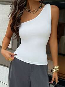 DAZY Women's Summer Twist Knot Asymmetrical Shoulder Fitted Sexy Camisole Y2k - White - View 5