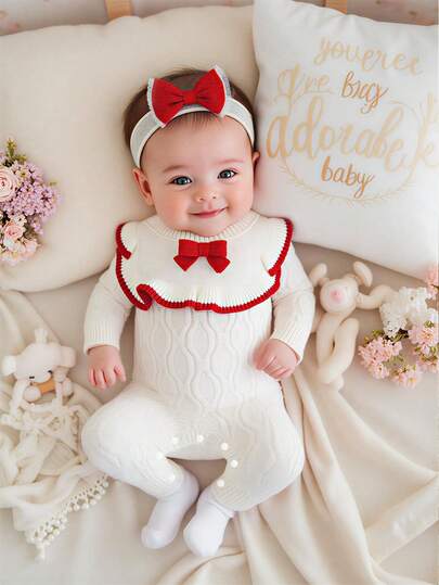 SHEIN Baby Girl Knitted Sweater Jumpsuit, Cute Casual Beige Bow Decor, Soft & Comfortable, Suitable For Everyday, Outings, Travel, Vacation, Home, Daycare, And Children's Play Winter Christmas Halloween Toddler Cardigan Sweater Autumn Fall Jumpers Sweaters Tops Dress Dresses Christmas Jumper Cozy Pixies Prepcrw Christmas Outfit Halloween  New Born Toddler  Fall Winter Dress Halloween  Romper Stuff Halloween Jumper Jumper Cardigans Shirts White Cardigan Clean Downtown Off The Shoulder Sweater Outfit Sets Pink Sweater Jacket Cute Fall Outfits Outfits Top Maija Christmas Dress  Toddler Fall Dark Purple Skirt Christmas Sweater  Fall Sweaters Unisex White Sweater Vest Skirt Sets