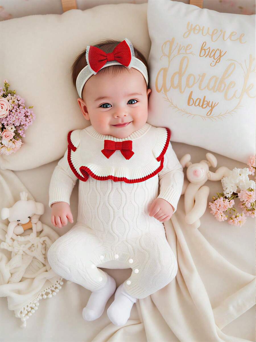SHEIN 女婴针织连体衣，可爱休闲米色蝴蝶结装饰，柔软舒适，适合日常、外出、旅行、度假、居家、托儿所和女婴玩耍。冬季圣诞节万圣节开衫毛衣，秋季套头衫毛衣上衣连衣裙，圣诞套头衫，舒适精灵款，圣诞套装，万圣节新生儿秋冬连衣裙