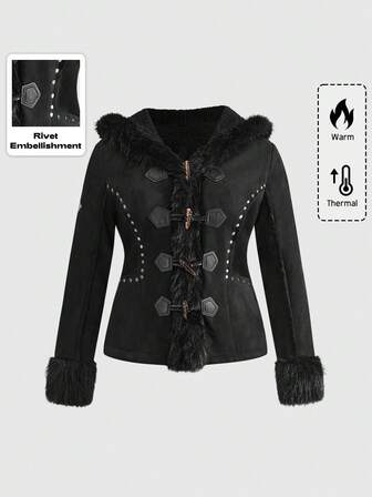 Plus Size Gothic Style Cross Rhinestone Rivet Faux Suede Hooded Jacket With Horn Buttons For Women, Black, Autumn/Winter, Casual Plus Size Women Outerwear