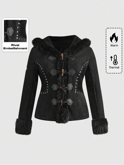 Plus Size Gothic Style Cross Rhinestone Rivet Faux Suede Hooded Jacket With Horn Buttons For Women, Black, Autumn/Winter, Casual Plus Size Women Outerwear