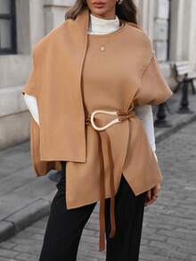 SHEIN PariChic Women's Elegant Structured Unique Vintage Coin Overcoat - Khaki - View 6