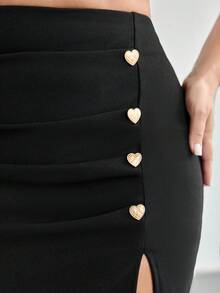 Firerie Plus Size Solid Color Versatile Commuter Split Hem Skirt - Black - View 10