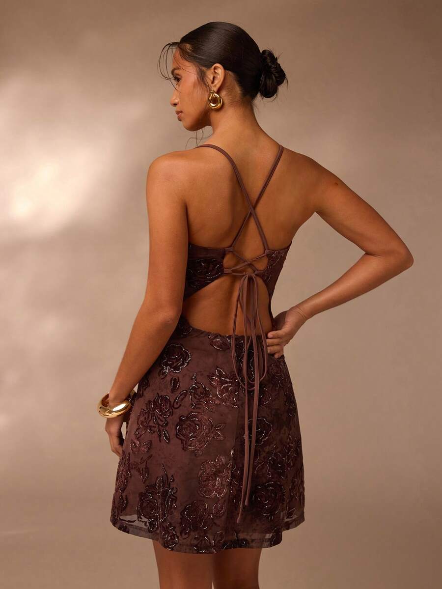 Glamine Sleeveless Flocking Mini Cami Dress For Women Brown With Spaghetti Straps Flared Hem Tie Back And All-Over Plant Pattern - Brown - View 1