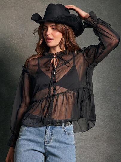 WESTFADE Blusa transparente con cuello de pajarita, manga larga, volantes y textura de gasa, ideal para otoño, vacaciones, Año Nuevo, Navidad, salidas, fiestas y uso casual y bohemio