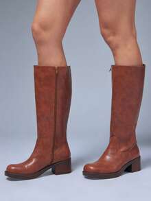 Solezae Botas altas hasta la rodilla con tacón de bloque, elegantes y cómodas para mujer - Caqui - Ver 4