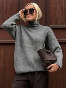 Vivie Lora Women's Gray Loose Fit Turtleneck Long Sleeve Sweater - Grey - View 1