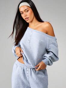 MISSGUIDED Off Shoulder Button Detail Relaxed Fit Heather Sweatshirt For Casual Comfort And Cozy Weekend Style - Grey - View 1
