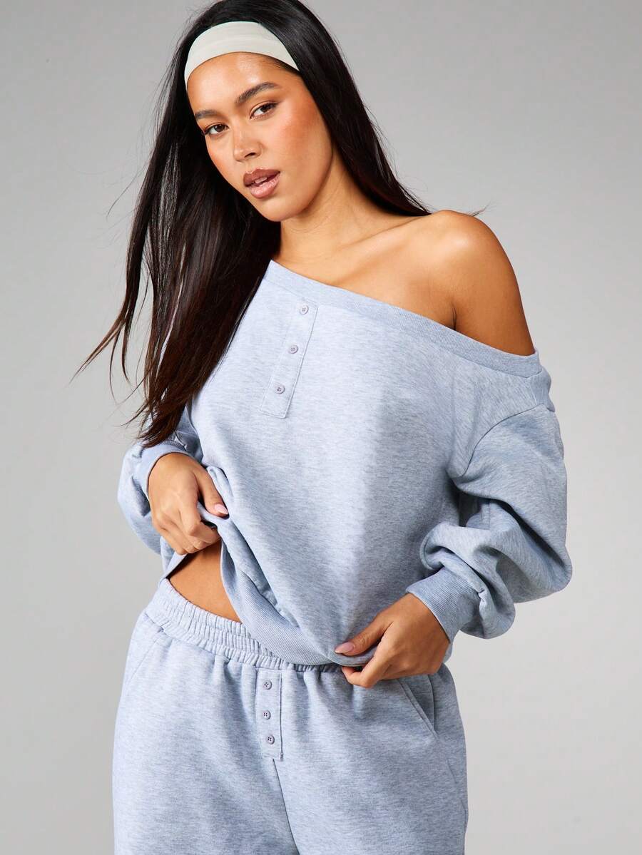 MISSGUIDED Off Shoulder Button Detail Relaxed Fit Heather Sweatshirt For Casual Comfort And Cozy Weekend Style - Grey - View 1