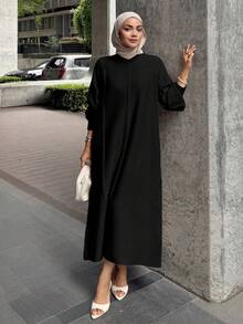 DAZY Women's Casual Solid Color Loose Knit Sweater Dress - Black - View 2