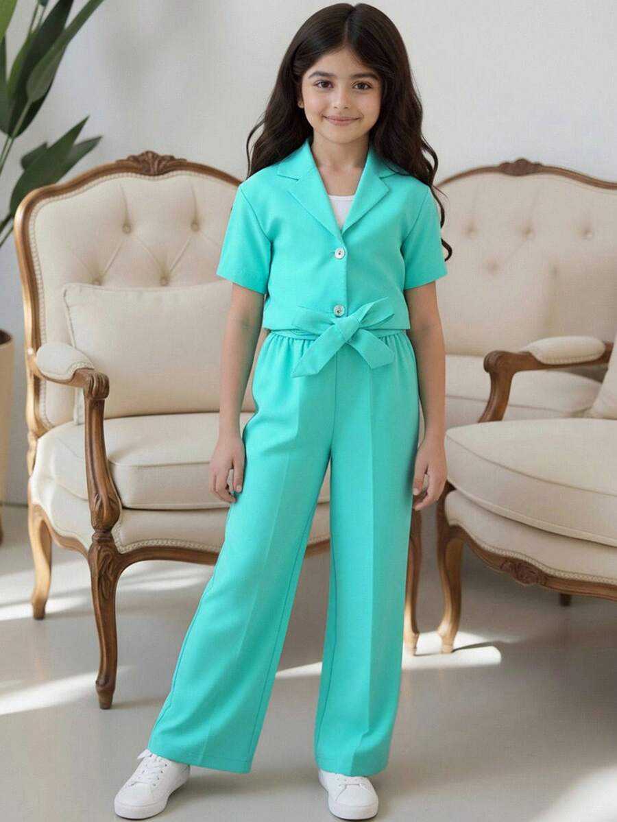 Tween Girls Solid Color Short Sleeve Top And Pants 2 Pieces Outfit, Fashionable For Summer - Green - View 1