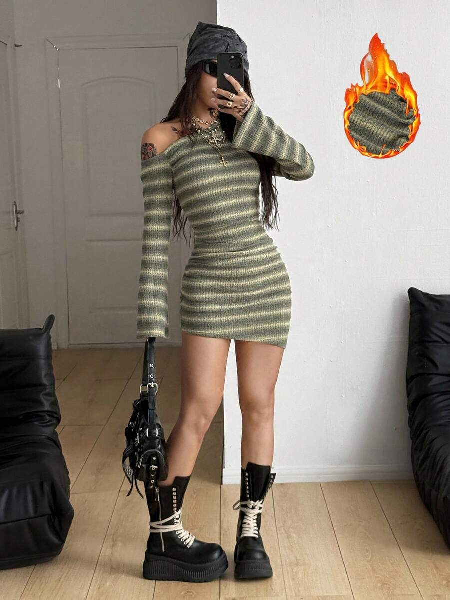 Coolane 女式春装新年约会夜罗纹针织褶皱不对称领口修身半身裙 - 彩色 - 查看 1