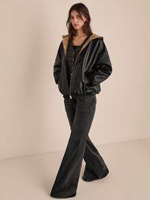 Easelle 女式秋冬黑色连帽皮夹克，天鹅绒衬里，保暖