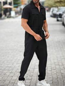 Manfinity Homme Men Casual Solid Color Drawstring Waist Jumpsuit With Pockets, Spring/Summer Cargo Men Shorts - Black - View 6