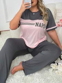 Lazeform Conjunto de pijama de talla grande con bloque de color, estampado de letras en la parte superior de manga corta y pantalón largo de unicolor, conjunto de ropa