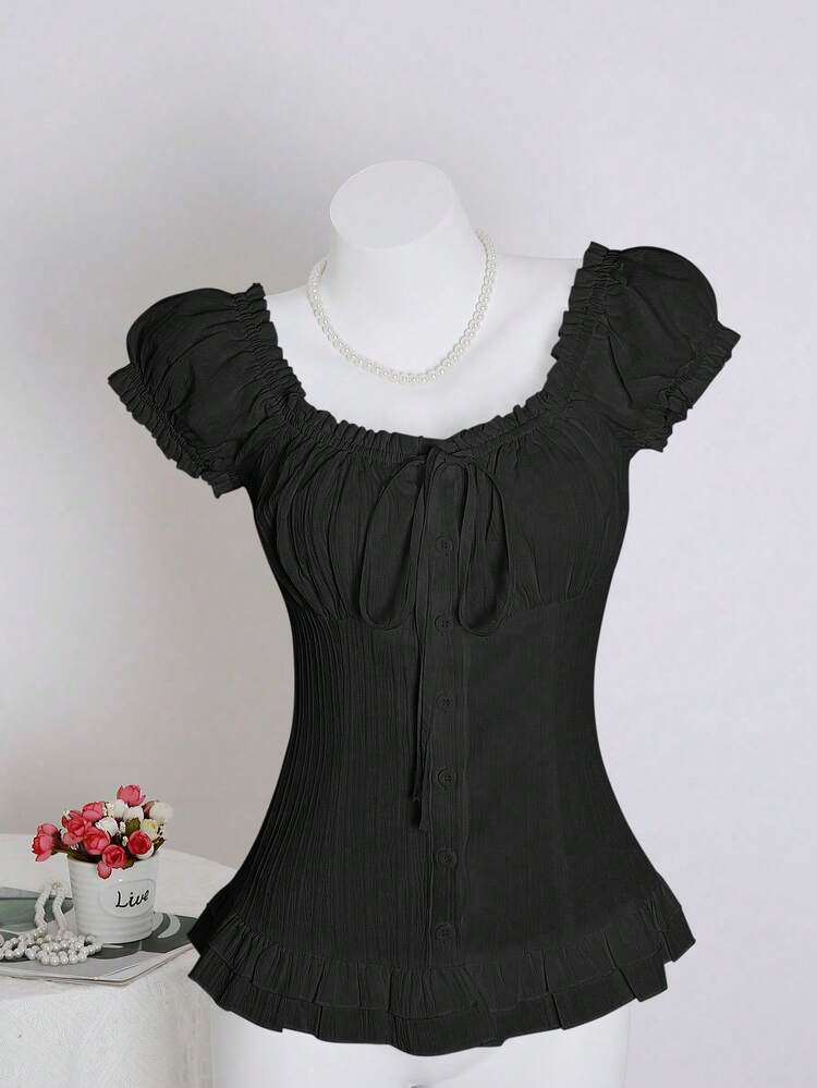 Sweetra Blouse à manches courtes avec taille nouée et volants, couleur unie pour femmes en été