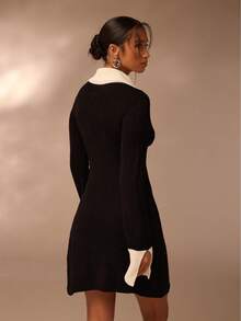 SHEIN Glamour Elegant Autumn New 1 Piece Black Knit Split Long-Sleeve Deep V-Neck Women's Sweater Party New Year Dress - Black - View 2