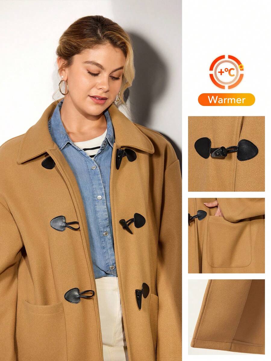 Momelise Áo khoác len dáng rộng cổ bẻ màu trơn, vai trễ dành cho nữ cỡ lớn - Màu Khaki - Xem 1
