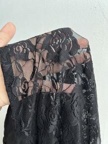 NU&NOW 大码女式细肩带 V 领蝴蝶结荷叶边拼接复古可爱透明蕾丝吊带背心 - 黑色 - 查看 10