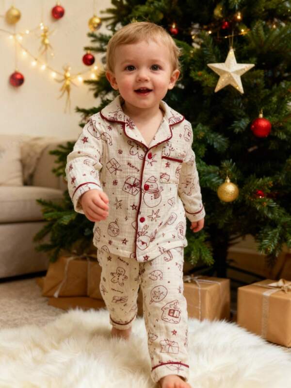 Set de 2 piezas Conjunto casual de niño pequeño con estampado navideño festivo de Papá Noel, renos, muñeco de nieve y caramelos, con cuello y manga larga, cómodo y adorable, a juego con la familia