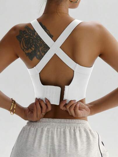 Gameset SHEIN Sport ملابس علوية رياضية نسائية بلون أحادي مطاطية بتصميم متقاطع بدون خياطة، صيفية