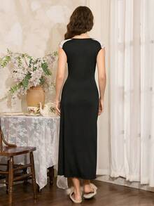 Côtesoire Lace Patchwork Minimalist Elegant Black Long Nightgown Long Sleep Dress Cotton Night Dress Women Night Dress Lounge Dress For Women Black Night Gown - Black - View 2