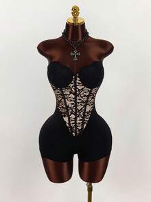 Amplova Plus Size Sexy Lace Patchwork Bustier Bodysuit - Black - View 1