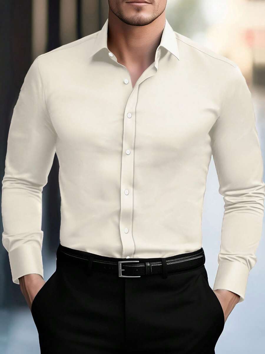 Manfinity Mode 男士純色長袖單排扣休閒通勤襯衫,奶油色修身版型正裝襯衫,米色商務優雅正式風格,適合秋季與儀式場合 - 杏色 - 查看 1