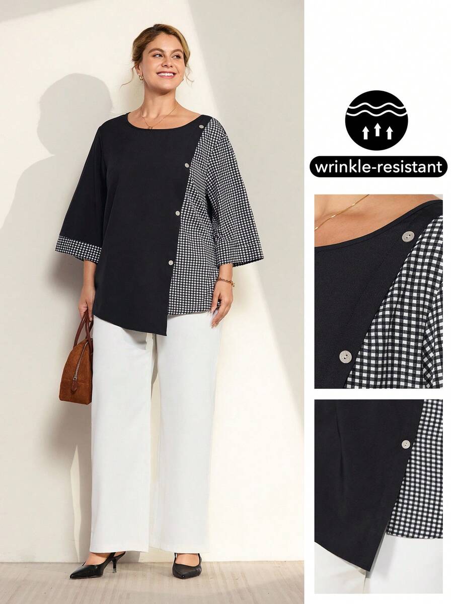 Momelise 大码女式不对称下摆撞色休闲衬衫，户外乡村风衬衫上衣，复古休闲春夏度假风，清爽格纹，秋季必备 - 彩色 - 查看 1