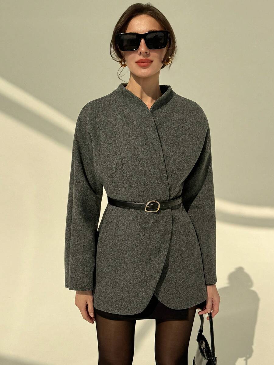 Aloruh 粉色立领束腰大衣，秋冬款 - 深灰色 - 查看 1