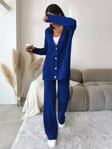 EURMUSE 2pcs Women Solid Color Drop Shoulder Long Sleeve Casual Front Button Knit Cardigan Sweater Set - Royal Blue - View 4