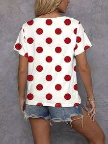 Classic Polka Dot Print Pattern V-Neck Short Sleeve T-Shirt For Women, Casual Student Wear, Outdoor, Daily, Summer - Multicolor - View 2
