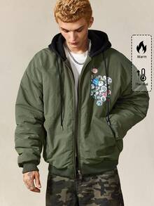 ROMWE MEN Street Life Men's Letter Print Zip Front Badge Print Drawstring Hooded Jacket, Winter - Army Green - View 2