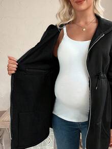 SHEIN 孕妇休闲基本款抽绳拉链连帽衫 - 黑色 - 查看 6