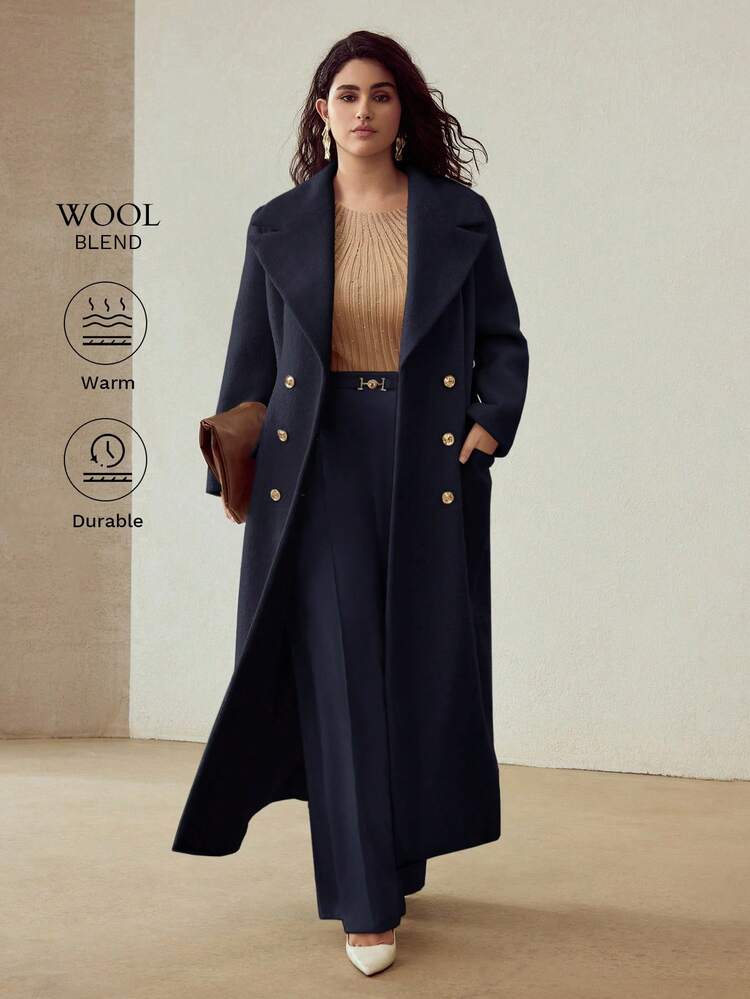 PLUS WOOL ELEGANT LAPEL COLLAR CINCHED WAIST METAL BUTTON OVERCOAT, AUTUMN/WINTER