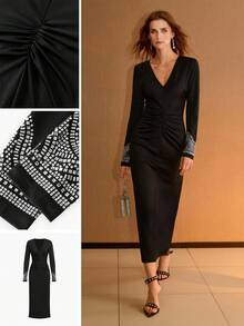 MOTF PREMIUM WOMEN'S RHINESTONE EMBELLISHED V-NECK FITTED DRESS, AUTUMN/WINTER - Black - View 7