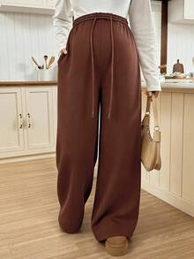 SHEIN 孕妇休闲日常通勤简约纯色高腰斜插口袋保暖宽松阔腿运动裤 - 駝色 - 查看 5