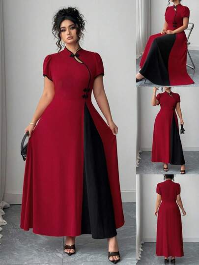SHEIN Tall CURVE Elegant Plus Size Red Midi Dress For Women With Short Sleeves And Black Contrast Details Perfect For Church