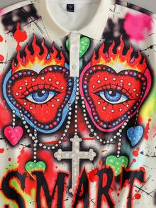 ROMWE MEN Street Life Men's Retro Graphic Print Long Sleeve Polo Shirt, Loose Cropped Fit - Apricot - View 3