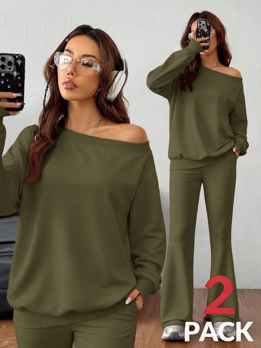 SHEIN EZwear 女款冬季基礎針織橄欖綠兩件套休閒居家服,秋季休閒不對稱領衛衣與喇叭褲套裝,舒適露肩套裝 - 軍綠色 - 查看 1