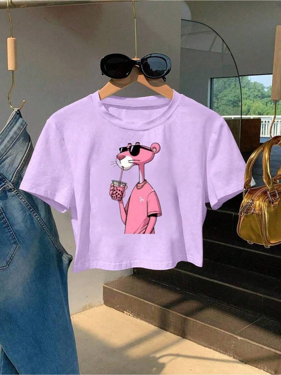 Mujer camiseta casual urbana con estampado animado tejido suave corte holgado cuello redondo manga corta primavera verano uso diario - Morado - Ver 1