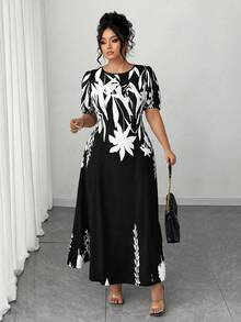 Elenzga Plus Size Women Elegant A-Line Waist Cinched Midi Dress, Flattering For Everyday & Commute - Black - View 4
