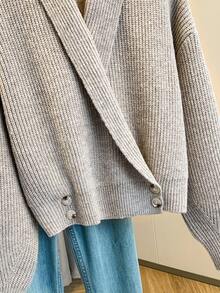 Franclia 女士简约纯色休闲日常通勤百搭翻领V领纽扣开衫毛衣，优雅落肩长袖针织上衣，秋冬款 - 卡其色 - 查看 5