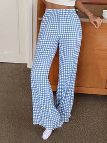 DAZY Women's Casual Everyday Gingham Print Flare Leg Lounge Pants - Blue - View 4