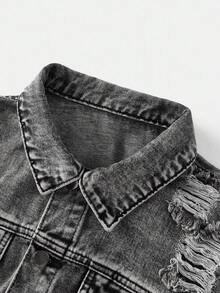 SHEIN SXY Women's Long Sleeve Single-Breasted Frayed Hem Distressed Cropped Denim Jacket - Grey - View 4
