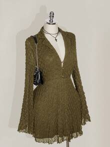 SHEIN ICON Plus Size Black Shirt Collar Bell Sleeve Knit Dress, Punk, Music Festival Outfit - Army Green - View 4