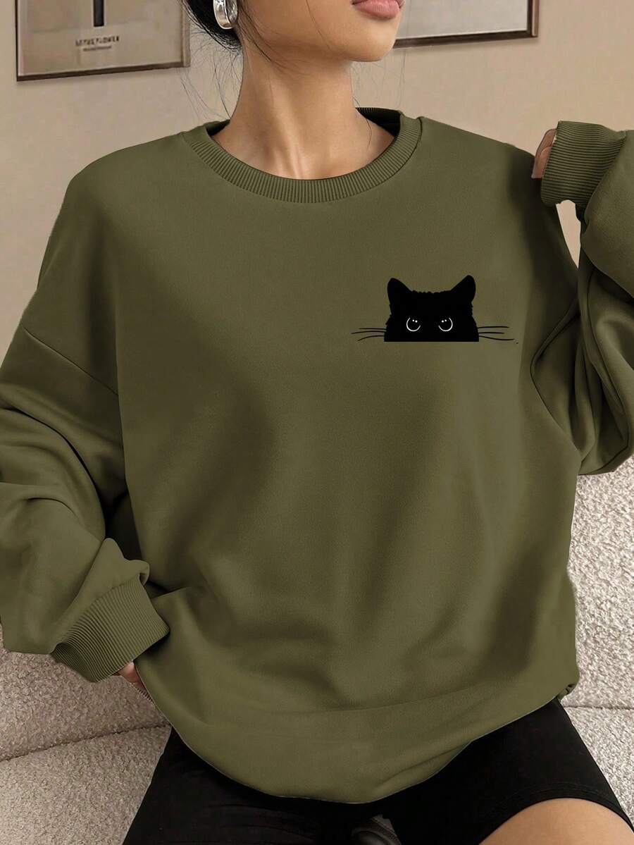 SHEIN EZwear 可爱黑猫偷窥图案休闲简约印花圆领宽松加厚长袖卫衣，适合秋冬季穿着 - 軍綠色 - 查看 1