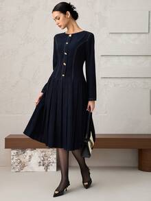 Heiryn New Elegant Cinched Waist Pleated Asymmetric Button Denim Effect Print Dress - Navy Blue - View 5