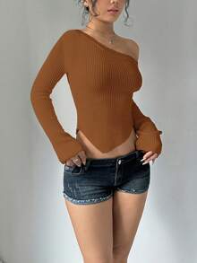 SHEIN Unity 性感不对称长袖修身女式毛衣 - 棕色 - 查看 4